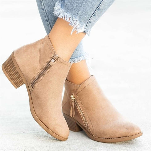 Ankle Boots For Women Low Heels Side Zipper Shoes - ROUTINE FASHION